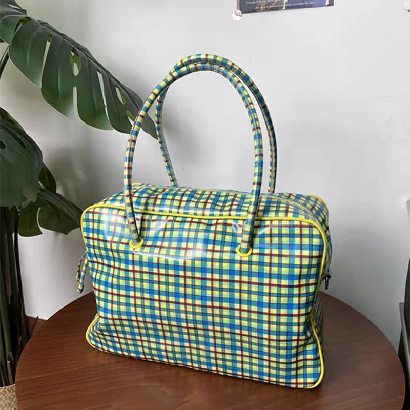European Vintage Color Block Plaid Travel Handbag Large Capacity Oxford Cloth Shoulder Bag High Quality Travel Shopping Tote Bag