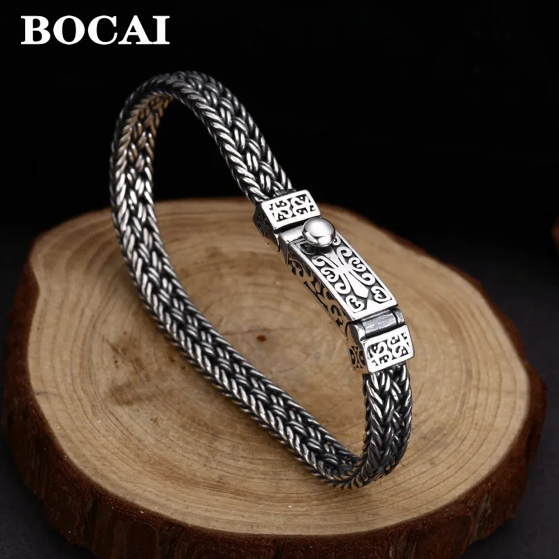 

BOCAI 8MM 100% S925 Silver Jewelry Hhand-Woven Twisted Arabesque Bracelet for Men Trendy Retro Punk Style High-Quality GiFT