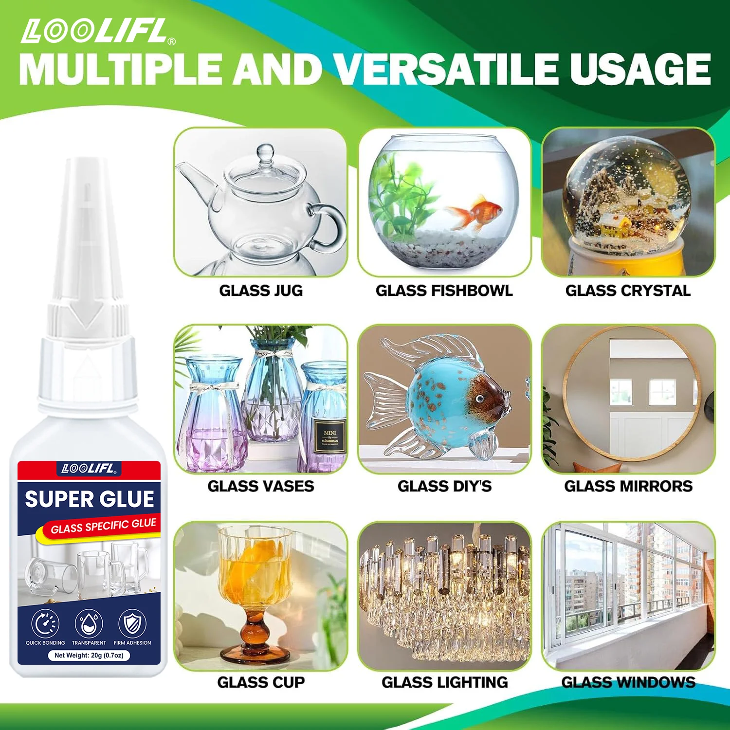 LOOLIFL, Pegamento para vidrio, súper pegamento, Adhesivo para vidrio de secado rápido de 20 g, Fabricación de pegamento profesional durante 15 años, resistente al agua, estable