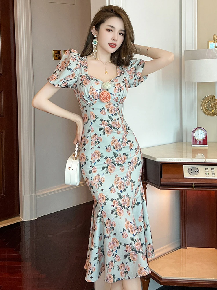 

2023 Retro French Style Long Dress for Women Rose Print Elastic Flowers Bubble Sleeve Wrap Hip Fishtail Robe Femme Party Vestido