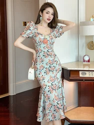 Retro French Style Long Dress for Women Sweet Rose Print Elastic Flowers Bubble Sleeve Fishtail Robe Femme Party Prom Vestidos