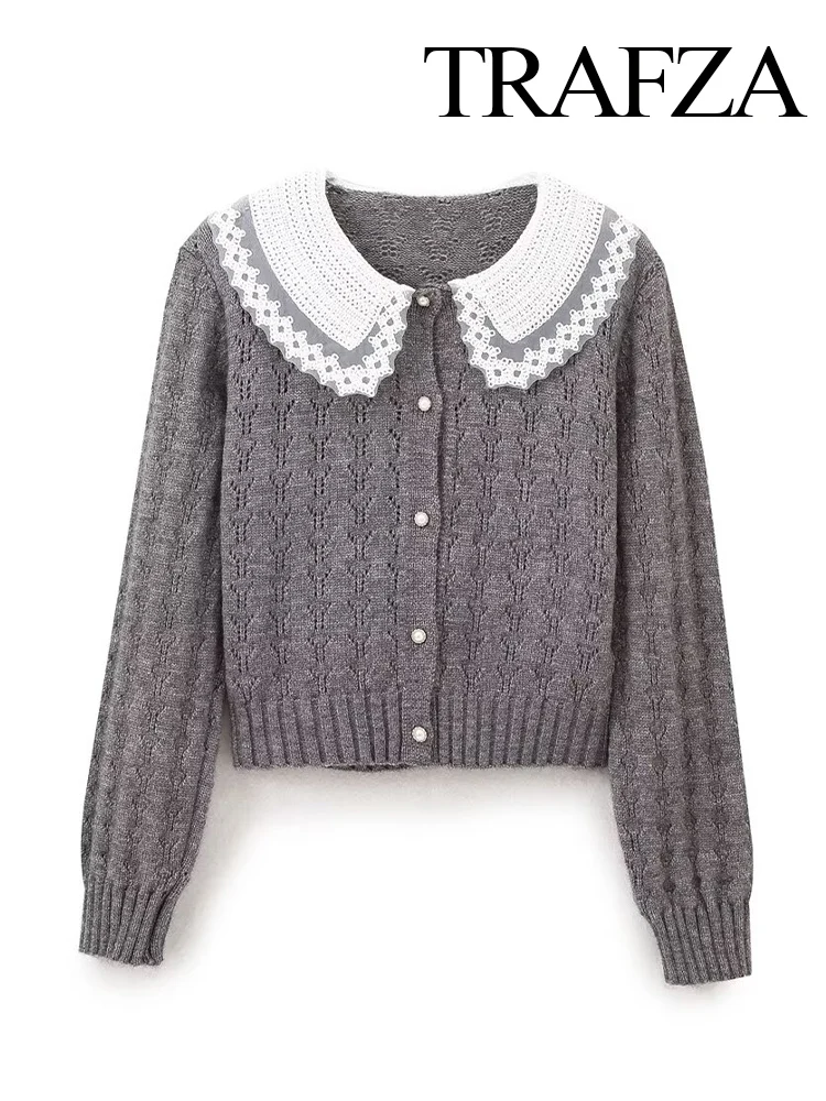 TRAFZA Women New Fashion Solid Knitted Ruffle Collar Long Sleeve Cardigan Female Elegant Single Breasted High Street Casual Tops