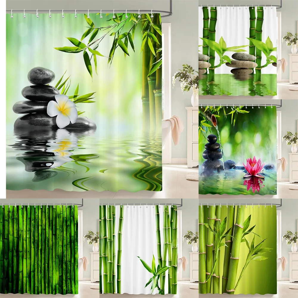 Image of Grüne Pflanze Bambus Duschvorhang Badezimmer Badvorhang Wasserdichtes Polyester 3D-gedruckte Bäume 180 * 200 cm Badewannenabtrennung mit Haken