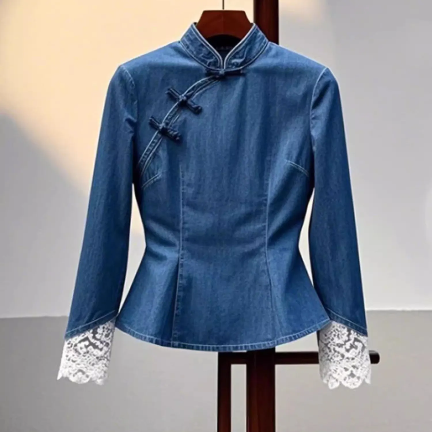 Sli الصينية الجديدة الخفيفة الوطنية Sle Zen فسيفساء جميلة صغيرة الوقوف طوق طويل Sve الخصر جينز داخلي irt