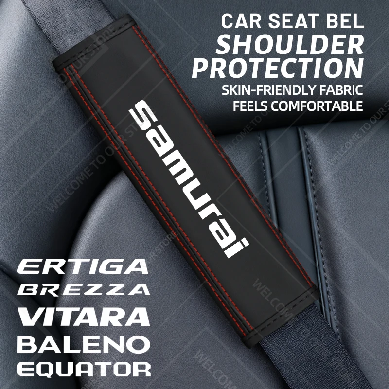 2 uds para Samurai Brezza Equator Ertiga Baleno VITARA emblema Logo cuero cinturón de seguridad de coche almohadillas de cubierta de hombro decoración Interior
