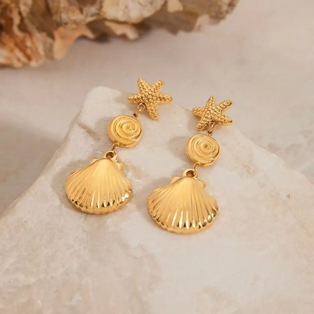 

Fashion Ocean Style Starfish Shell Earrings Golden Stainless Steel Long Dangle Earrings Gifts Ear Pendants Women
