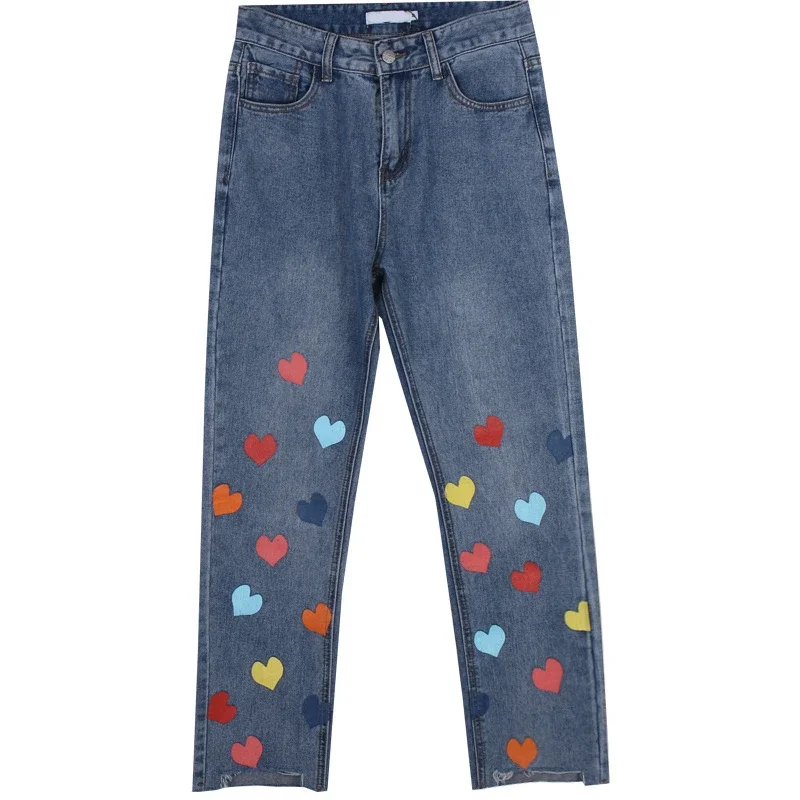 Colorful Heart Print Jeans Harajuku Mom Jeans High Waisted Denim Pants Women Autumn Winter Blue Baggy Trousers 90s Streetwears