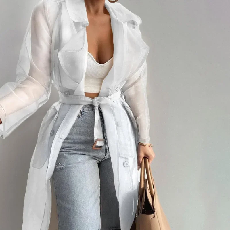 Elegant Shirts Trench Coat for Women Fashion See Through  Lace Up Spring Solid Sheer Mesh Long Sleeve Buttoned Coat with Belt