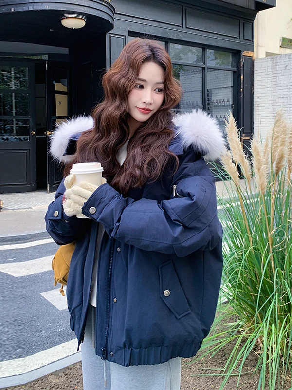 

Модная корейская куртка-пуховик для женщин, рабочая одежда, с большим меховым воротником, теплая, белая, пуховая верхняя одежда