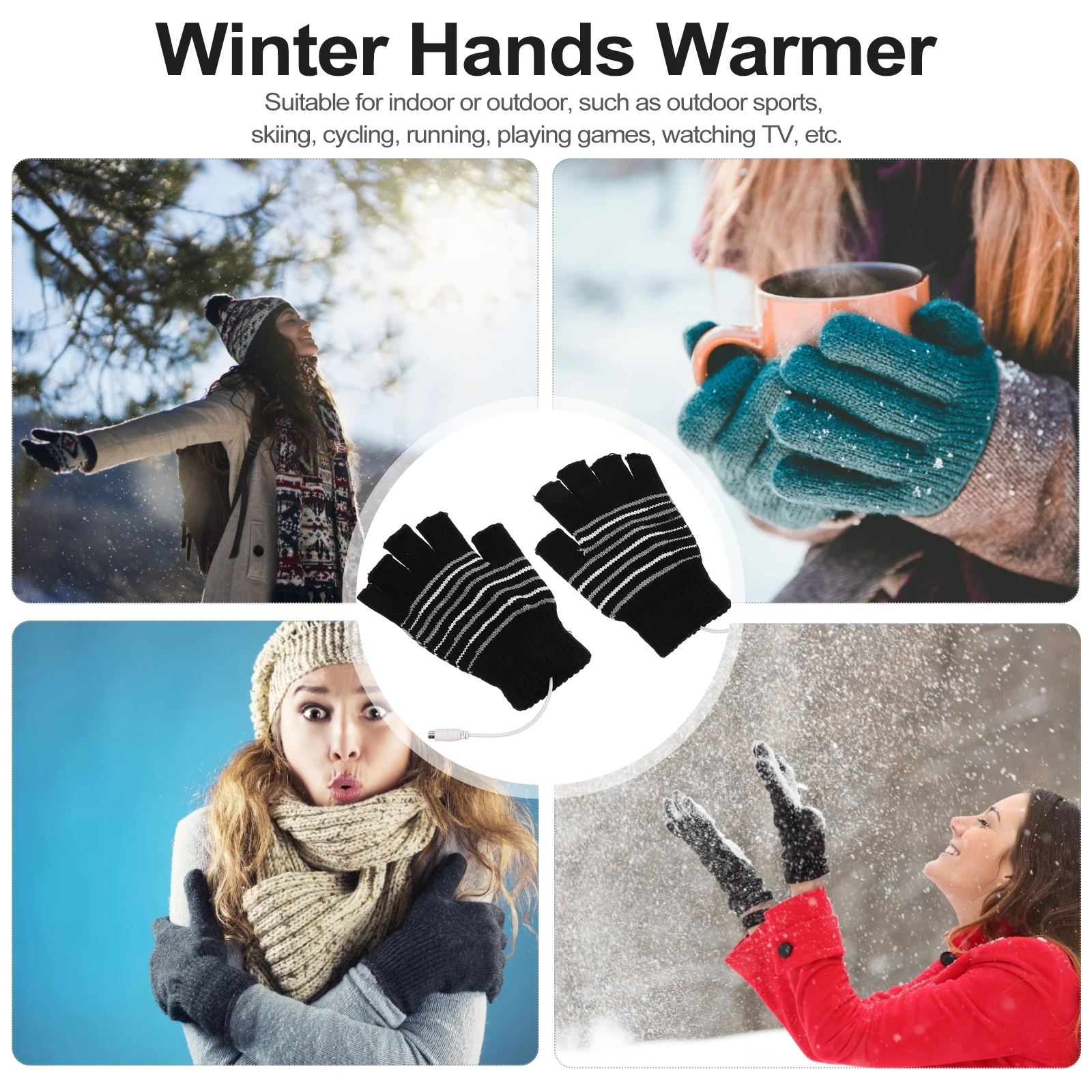 

Heated Gloves Winter Fingerless H Warmer Black Outdoor Sports Skiing Cycling USB Mittens Unisex Woolen Durable PET Material