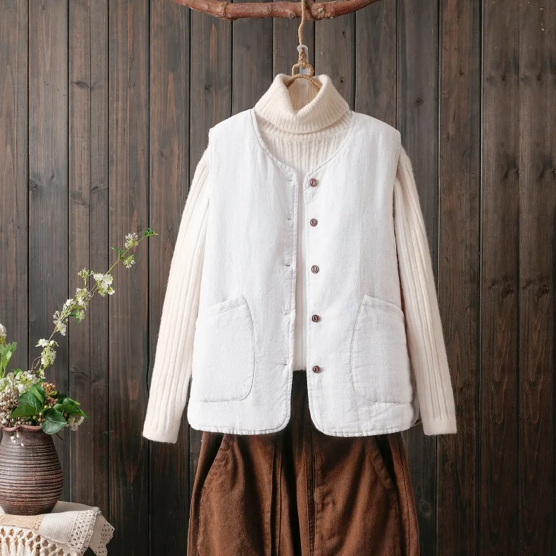 Warme Baumwoll-Jaset-Weste für Damen, künstlerisch, Vintage, reine Farbe, Herbst-Winter, lockere Passform, Strickjacke mit Knöpfen, Sle Pear Aped Body