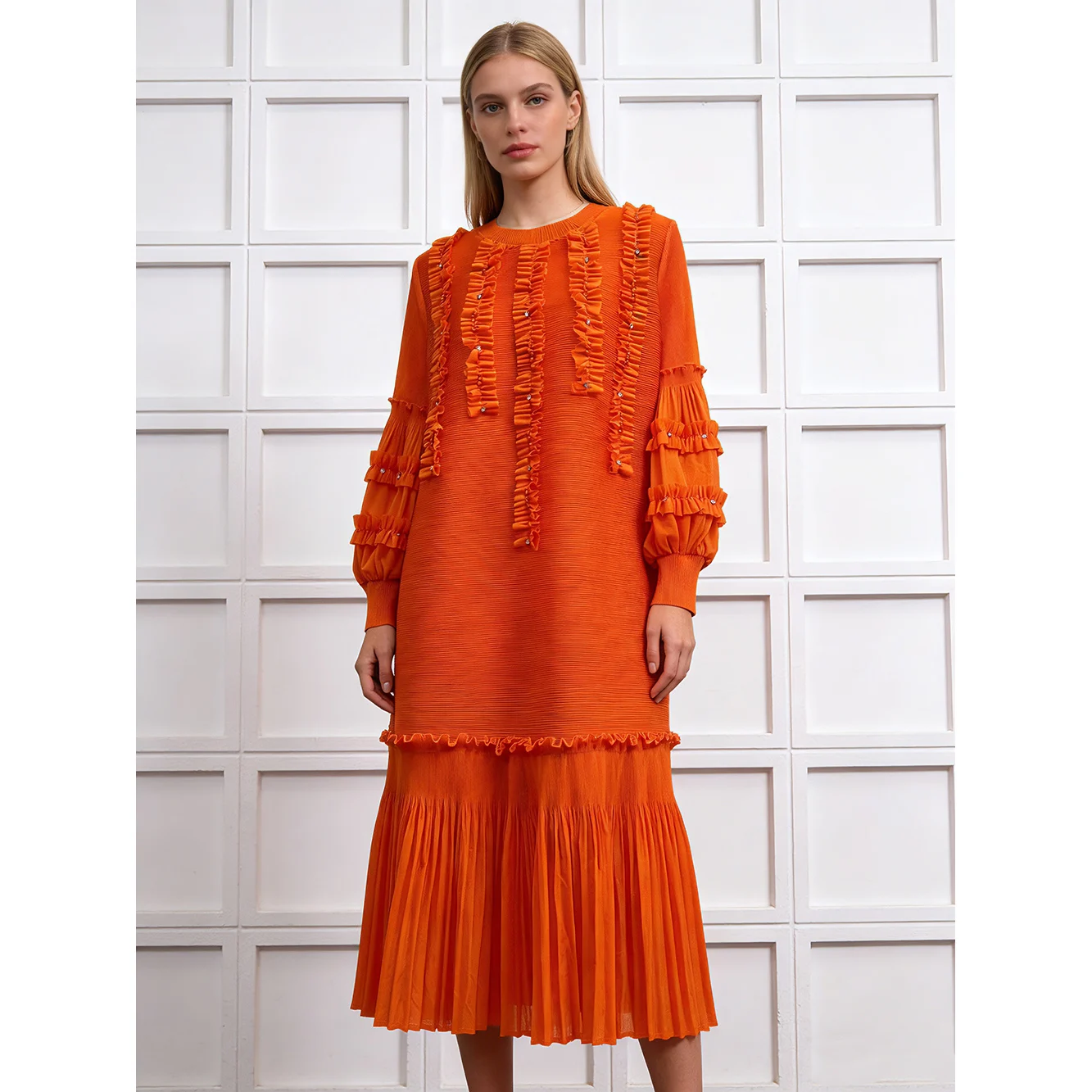 

Middle East Cross-Border Heavyweight Lantern Sve Pleated Big Size Dr with Pearl And Rhinestone Embelliments