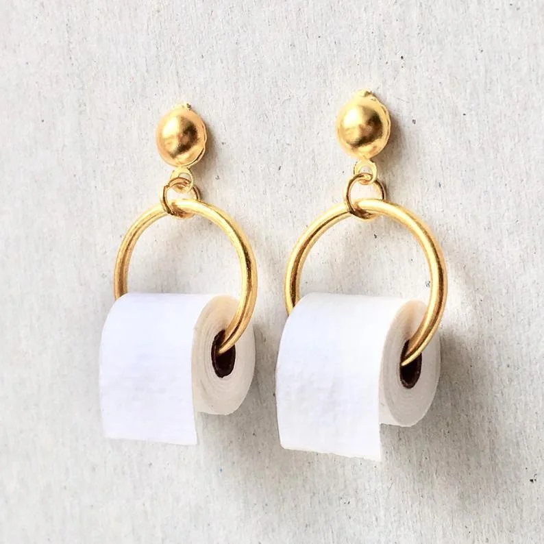 1Pair Handmade TOILET PAPER ROLL Funny Elegant Mini Dangle Earrings Toilet Holder Toilet Ring Holder