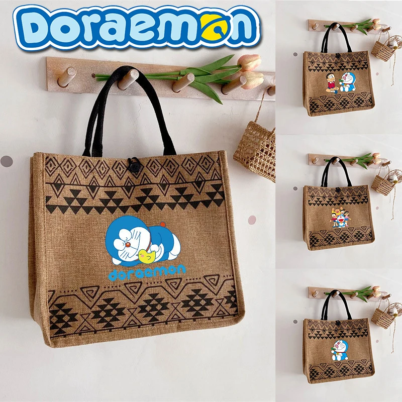 

Cartoon Doraemon Handbag Cute Anime Large Capacity Women's Shopping Shoulder Bag Fashion Creative Beach Bag Cotton Linen Tote