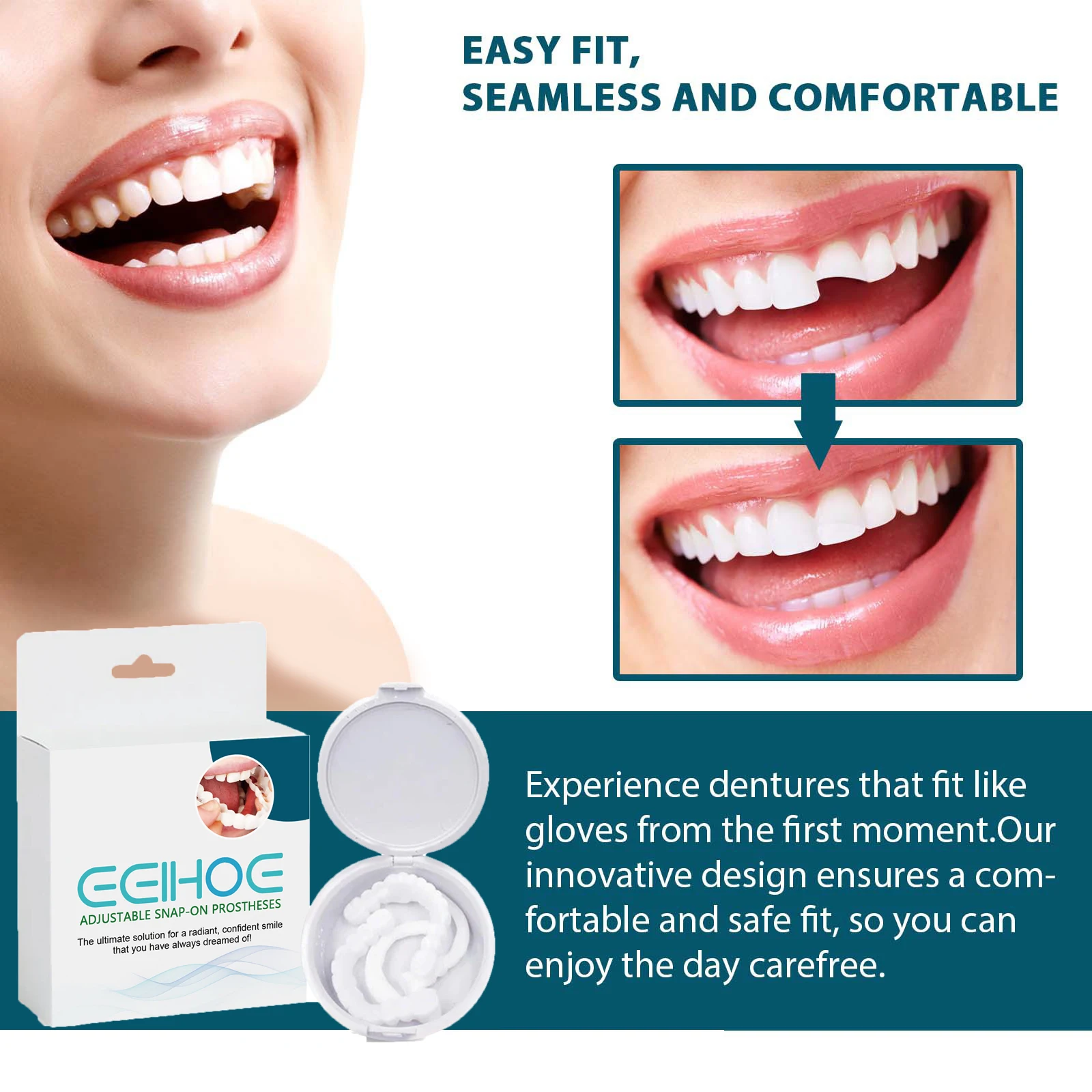 EELHOE Adjustable Snap-on Dentures Cosmetic Teeth Interdental Braces Orthodontic Denture Kits for Women and Men