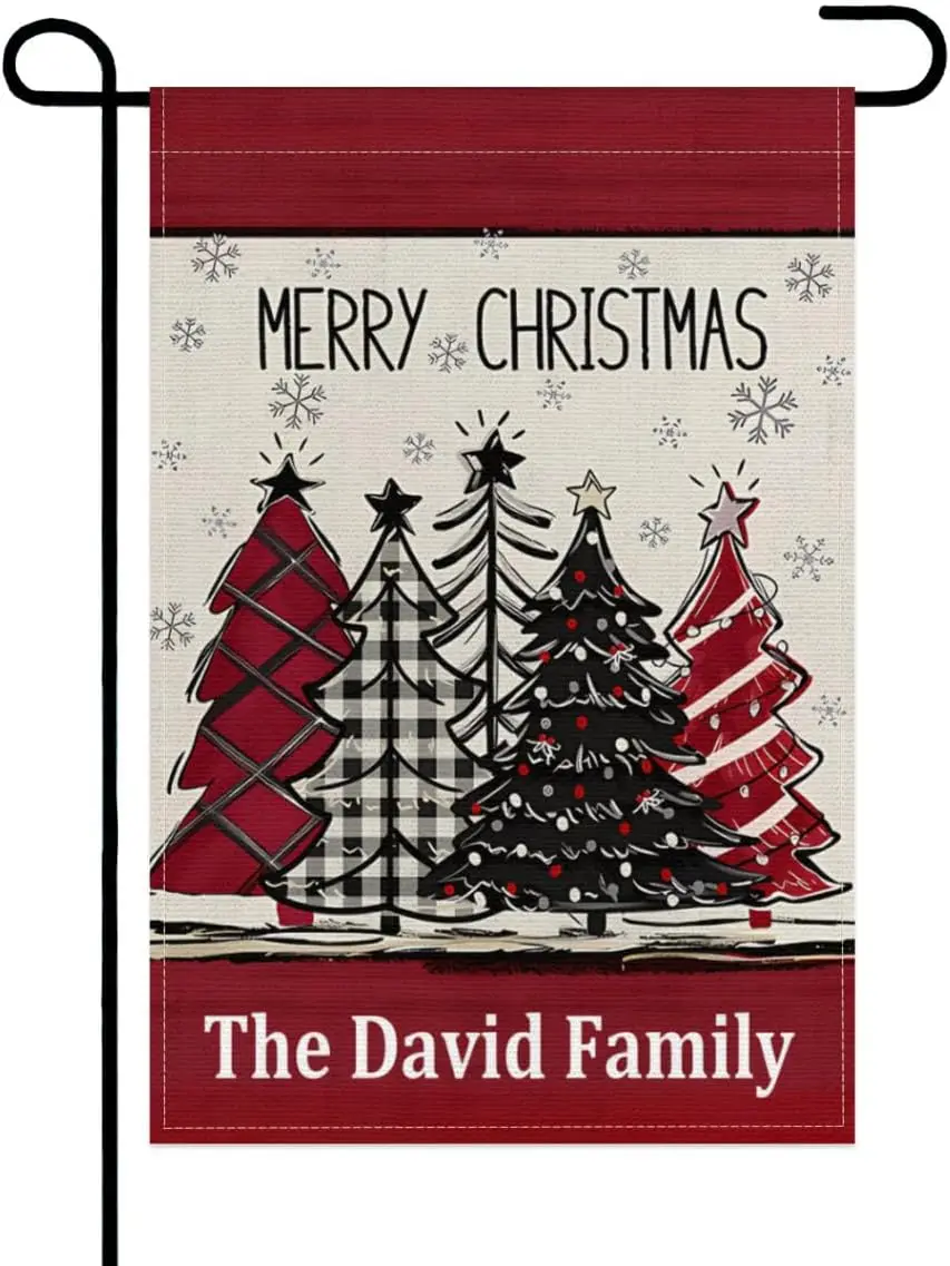 Personalized Merry Christmas Trees Garden Flag 12x18 Inch Vertical Double Sided Custom Name Winter Burlap Plaid Yard Flag Holida