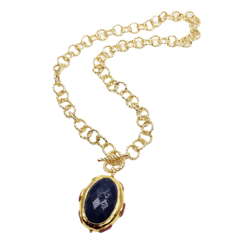 

yygem 27x33mm Blue Red Jade Stone Link Chain Women Oval Pendant Necklace Fashion Jewelry Gifts