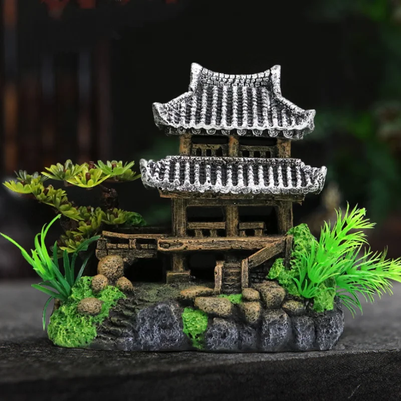 Ancient Architectural Land Scaping Simulation Decoration Artificial Resin Rockery Aquarium Moss Fish Live Accessories