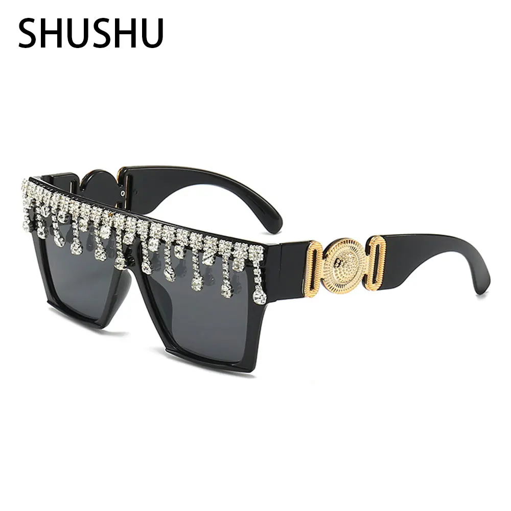 W17 New Diamond Large Frame Women Sunglasses 2023 Fashion Square One Piece Sun Glasses Brand Mi Nail Sun Visor Black Eyes UV400