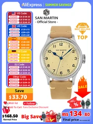 San Martin 38.5mm Men's Mechanical Watch NH35 Vintage Pilot Simple Fashion Wristwatch Baked Varnish Blue Hands 10 Bar Clock