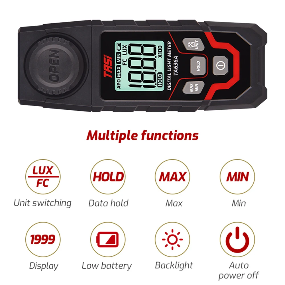 TA636A Digital Lux Meter Handheld Luxmeter Professional Luxometer 200000LUX 20000FC Illuminometer Photometer Light Lux Meter