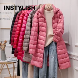 Women Elegant Lightweight Down Coat Casual Solid Slim Long Jacket Korean Harajuku Thin Removable Hooded Padding Puffer Outwear