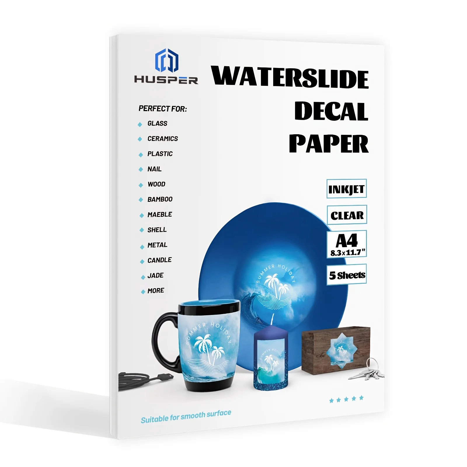 HUSPER กระดาษรูปลอก Waterslide เคลือบเงาสําหรับเครื่องพิมพ์ INKJET - CLEAR, 5 แผ่น, A4 (8.3 × 11.7 นิ้ว), Clear Water Slide Transfer Printa