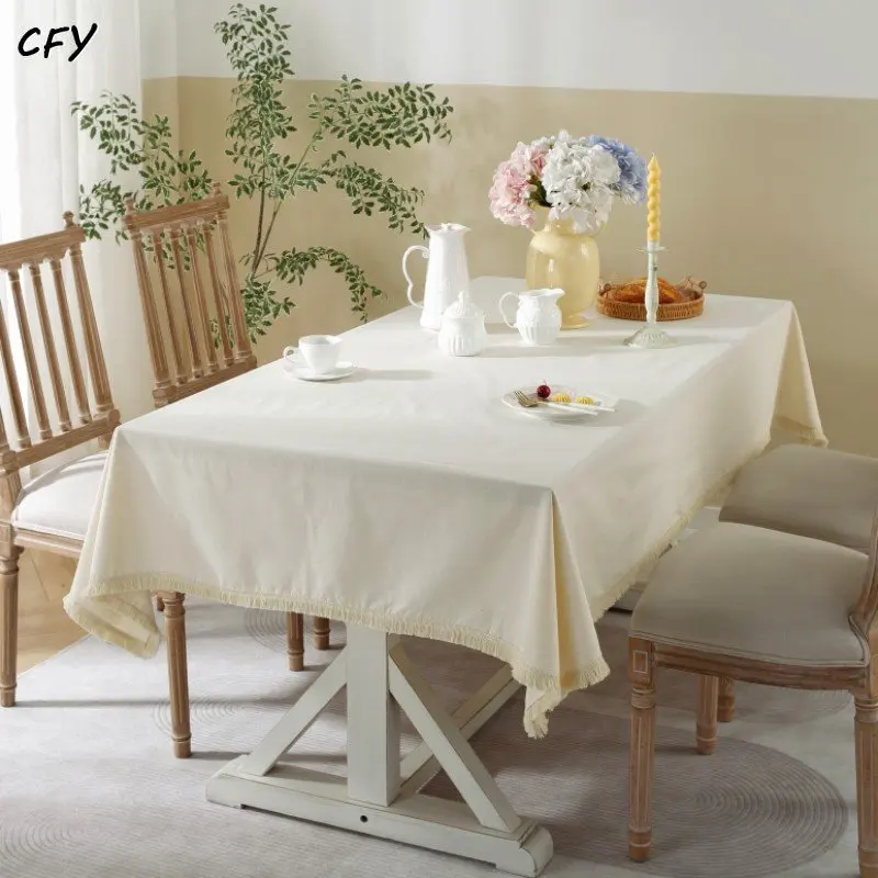 Cotton Linen Thickened Off White Tablecloth Waterproof Ruffle Tablecloth Dining Table Cover Party Restaurant Wedding Decor