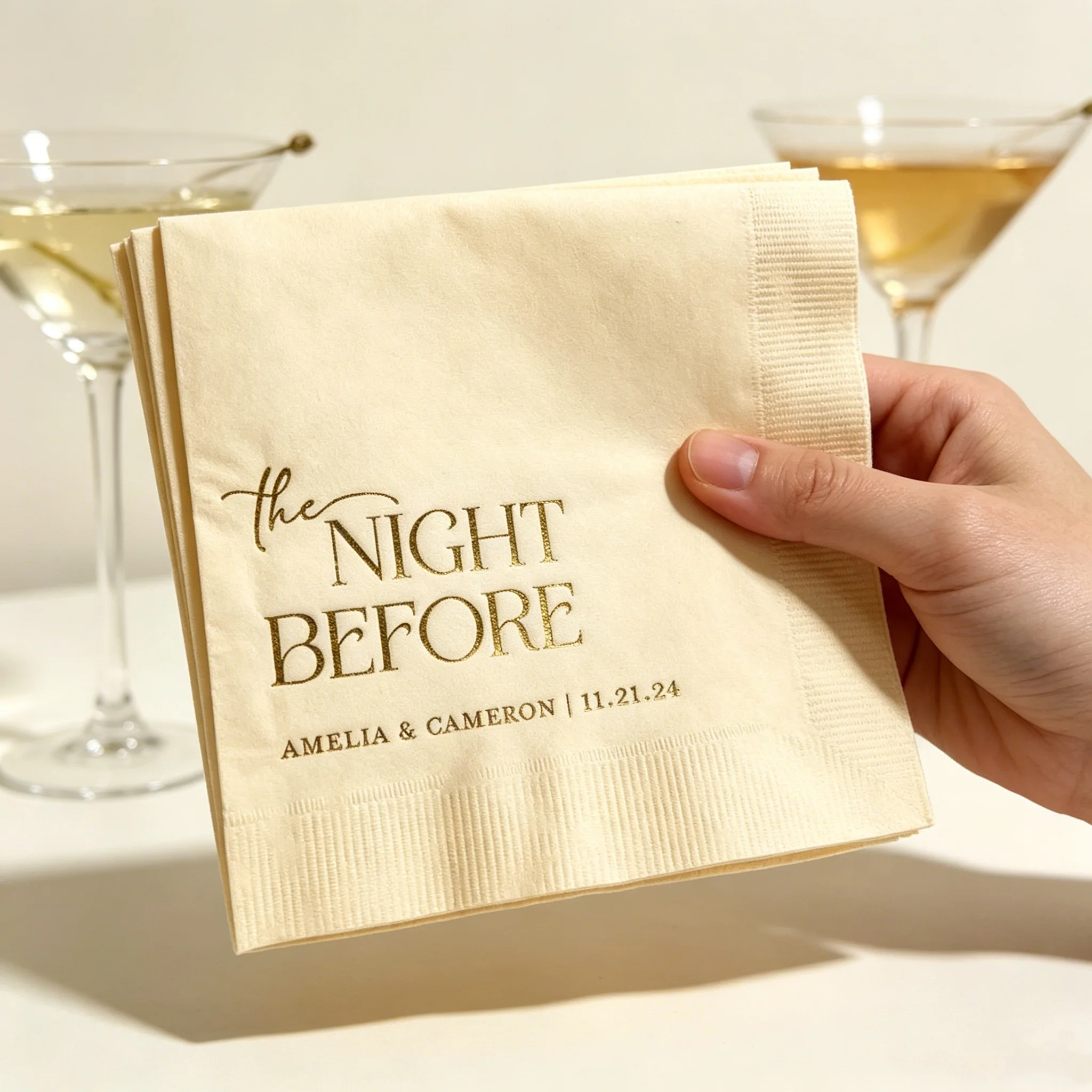 

50pcs Personalized "The Night Before" Wedding Rehearsal Dinner Cocktail Napkins, Custom Couple Names & Date Gold Foil White Napk