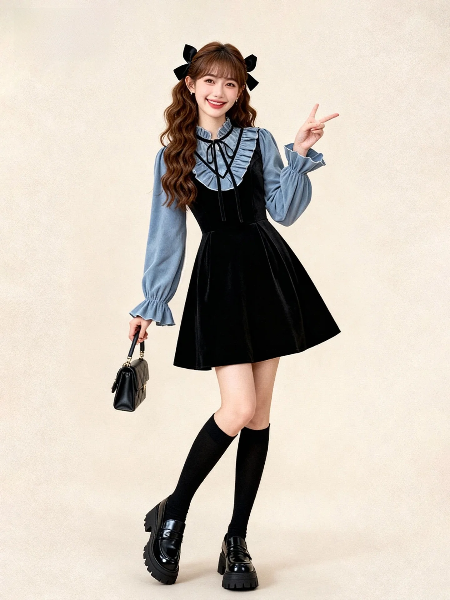 

Шикарное черное бархатное платье с длинным рукавом, женское, А-силуэт, стройнящее, весеннее, модное, во французском стиле, с присборенной талией, из полиэстера