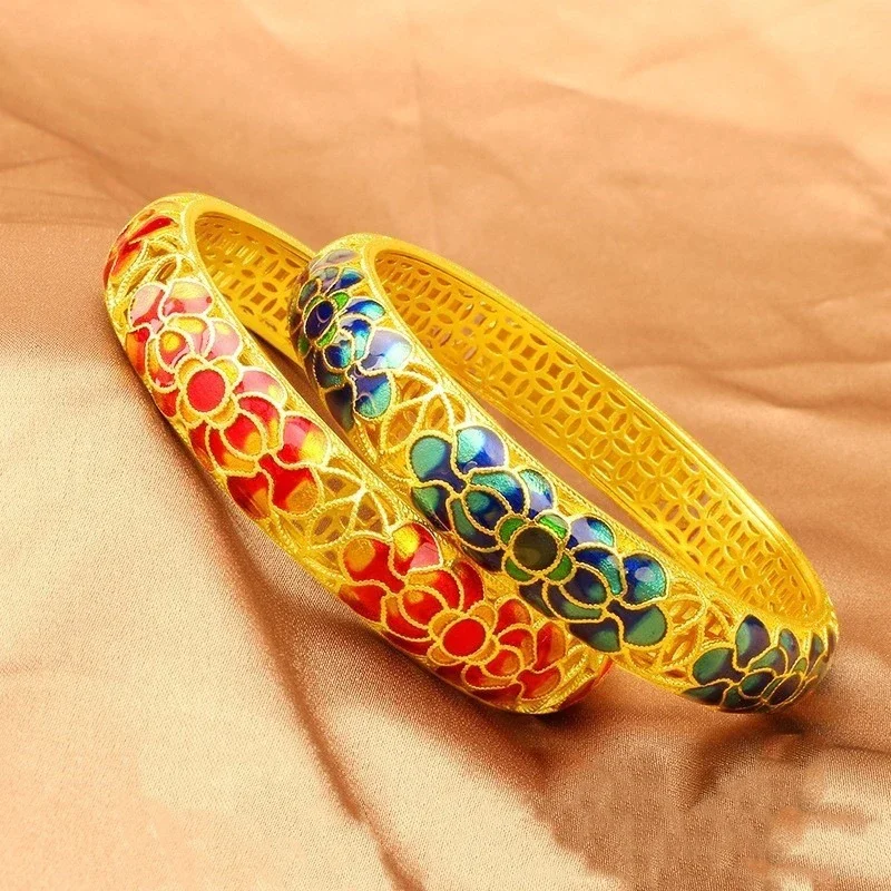 

Chinese style wedding jewelry exquisite antique gold craftsred Lotus Flower bangles enamel retro charms bracelet for women