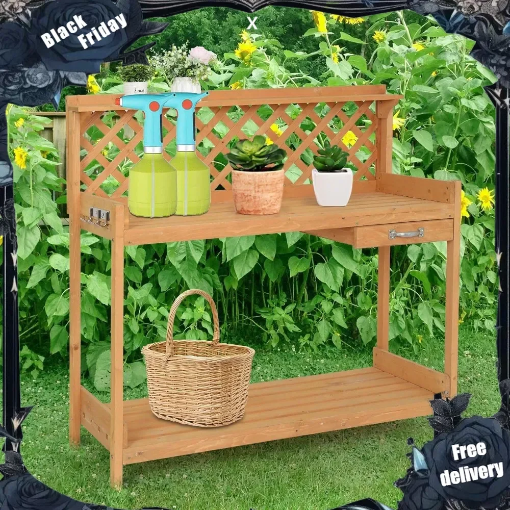 Wood Garden Potting Bench Table with Cabinet Drawer, Open Shelf, Lower Storage and Hooks for Gardening Supplies (45 x 20 x 44in)