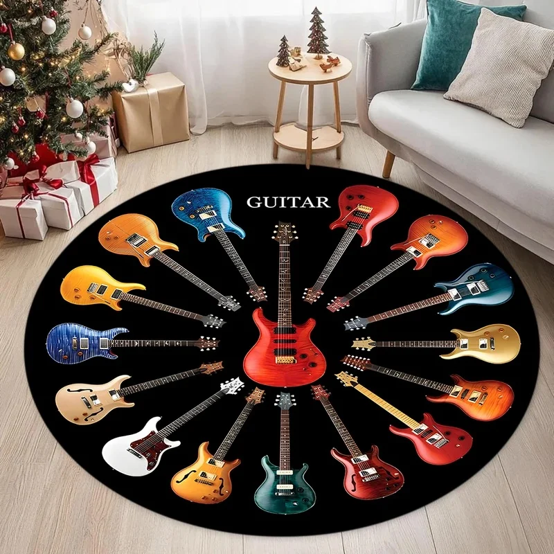 VIKAMA Guitar Round Area Rug Rock Music Electric Guitar Pattern Non Slip Circle Carpet for Living Room Music Room Decor