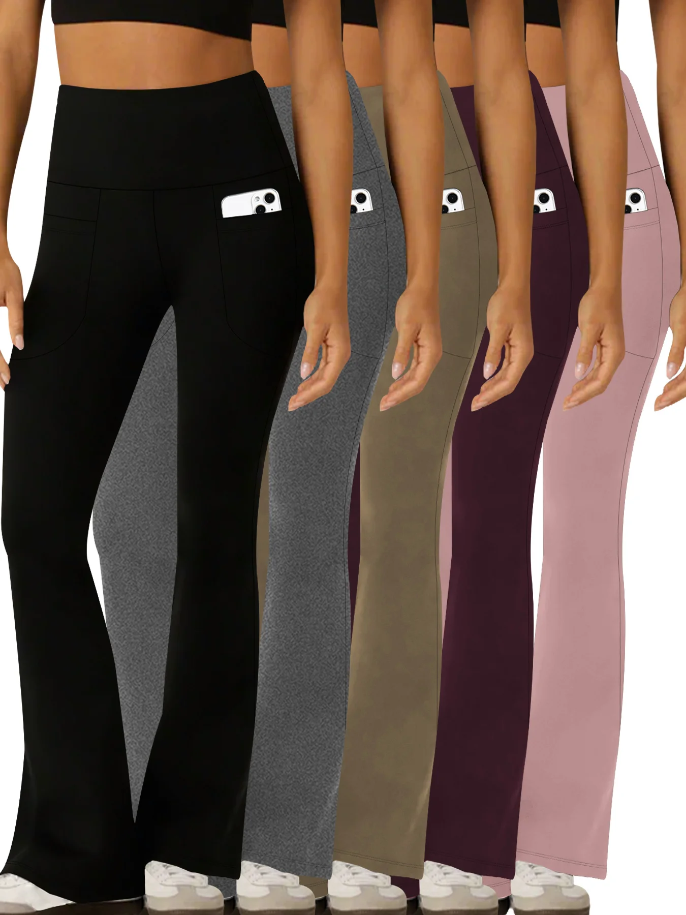 5er-Pack superweiche Damen-Schlaghose mit Taschen, hohe Taille, Bauchkontrolle, kein durchsichtiges Training, Yoga, Laufen, Zuhause, lässig