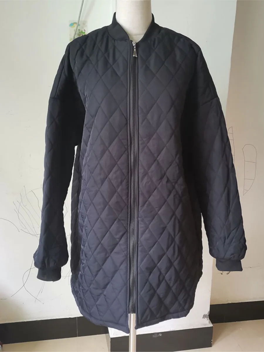 Parkas acolchoadas de algodão para mulheres, manga comprida, zíper antiestático, jaqueta amadada, casaco argyle, roupas plus size, outono e inverno