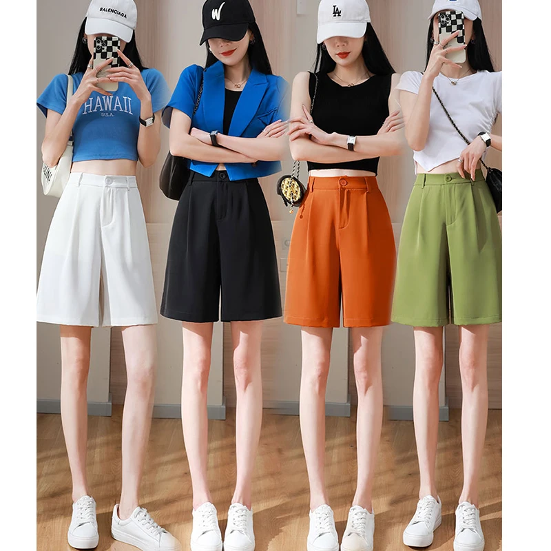 

2022 Summer Black Suit Shorts Woman High Waist Wide Leg Shorts Women Casual Half Trousers Loose Knee Length Femme Pockets Pants