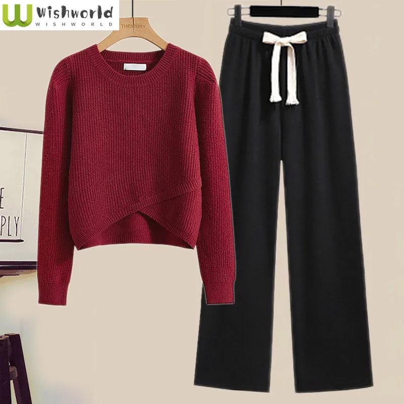 Spring and Autumn Set Women's New Korean Edition Stylish and Slim Knitted Sweater Casual Wide Leg Pants Two Piece Set