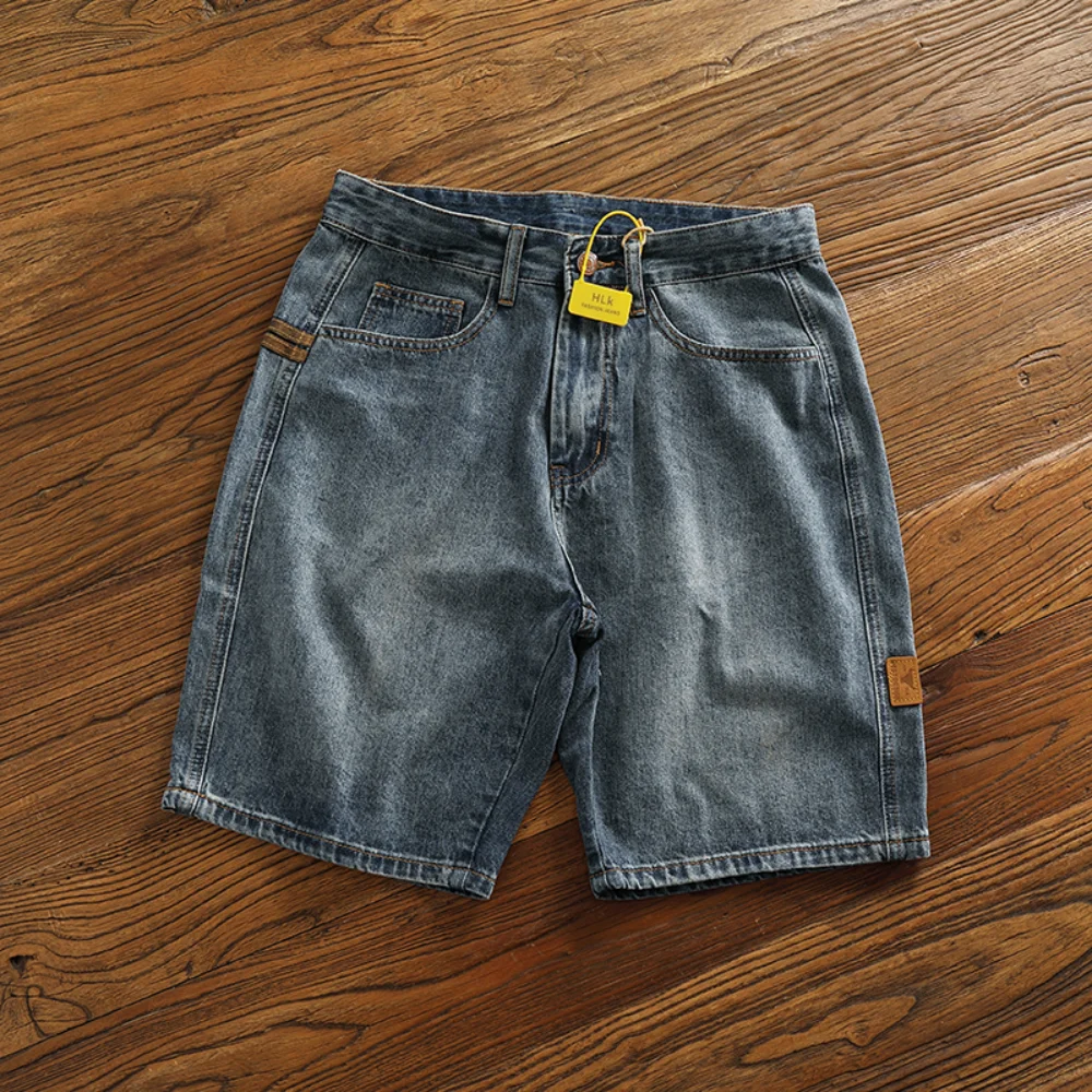 Vintage patchwork denim shorts men's loose straight leg quarter pants trend wash to make old summer medium pants trend