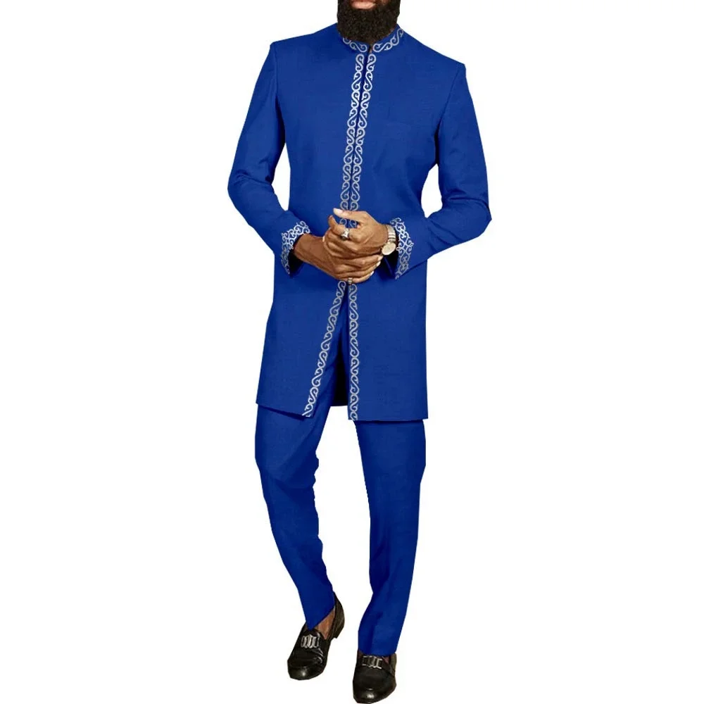 White Kaftan Men's Suit Embroidery Floral Top Pants Kaunda Suit African Casual Outfits Wear Traditional 2PCS Set Wedding Tuxedo