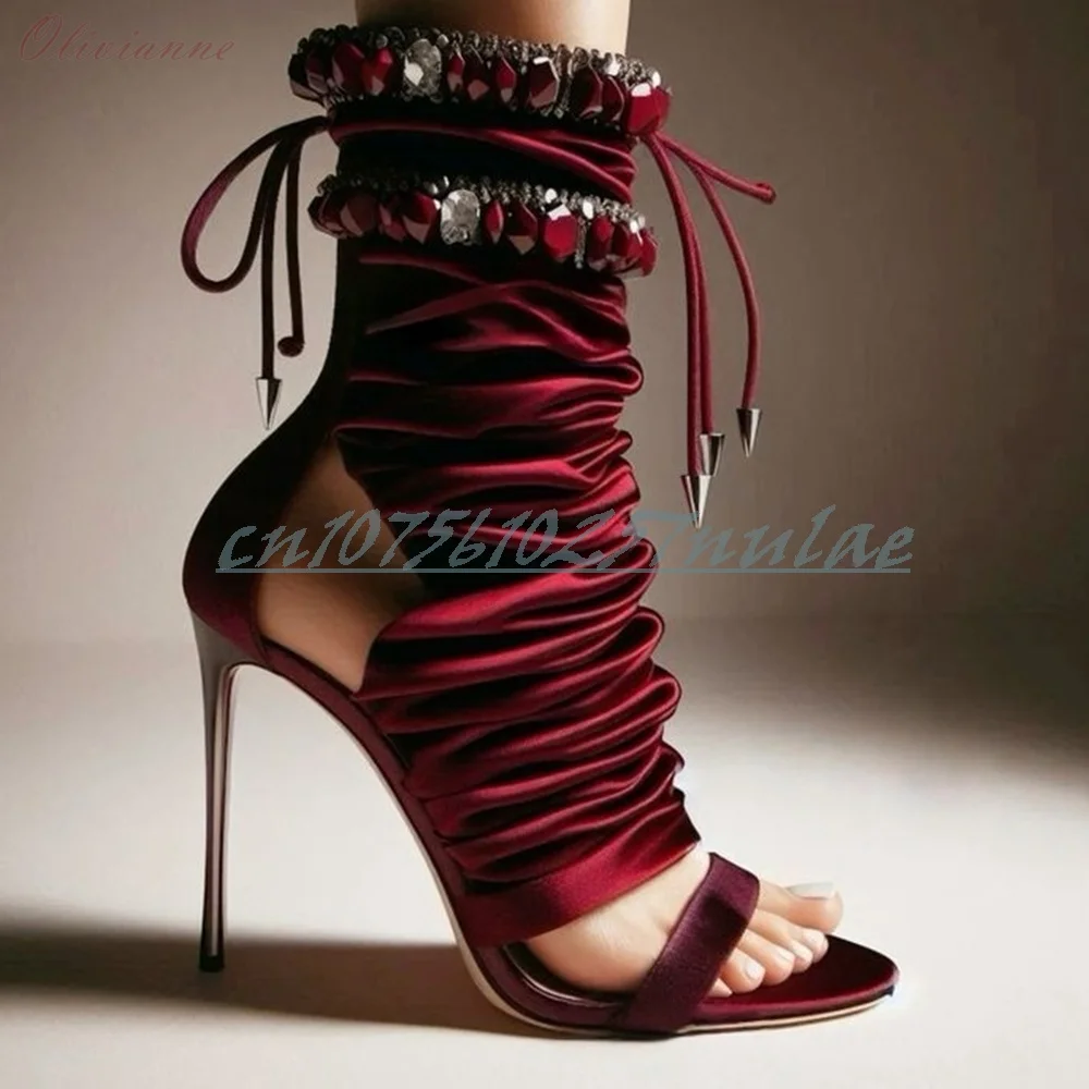

Винно-красные шелковые босоножки с кристаллами на щиколотке, на шпильке, с открытым носком, сексуальные модные женские туфли Весна 2026 Para Mujere