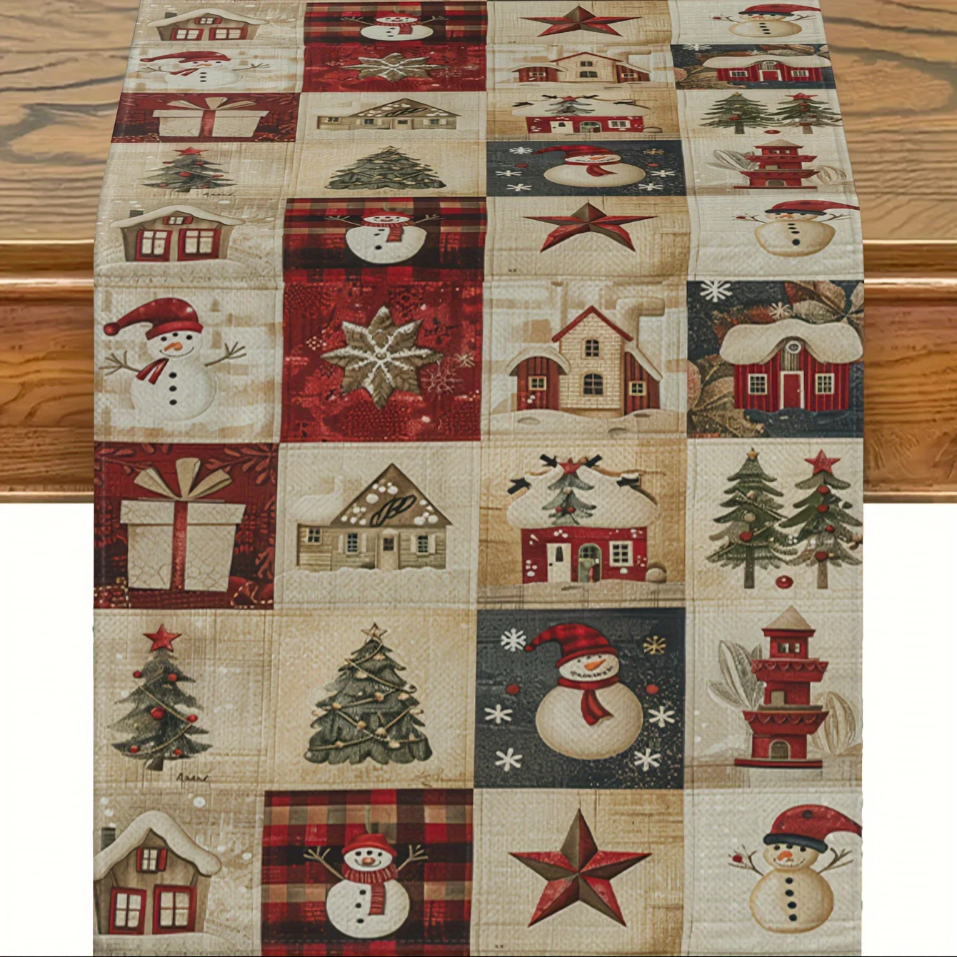 

1 Piece of Vintage Christmas Table Runner - Festive Snowman, Santa Claus and Reindeer Patterns, Winter Home Decoration, Christmas Ornaments