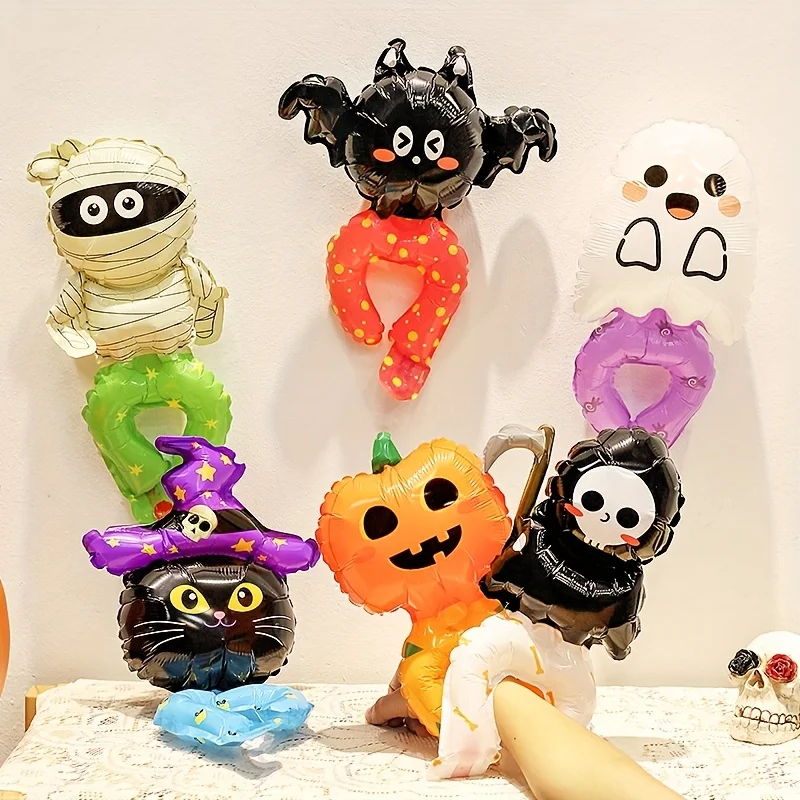 6 Stück einzigartige und niedliche Halloween-Party-Themen-Handgelenkballons, einschließlich Kürbis-Mumie, Mangelkatze, Fledermaus und Sensenmann-Elemente