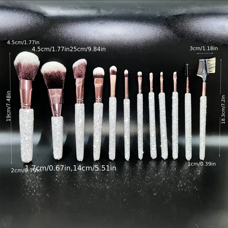 12 High-end Luxury, Very Sparkling Glass Rhinestone-encrusted Makeup Brush Set, Professional Face And Eye Brush Set Full Of Spar