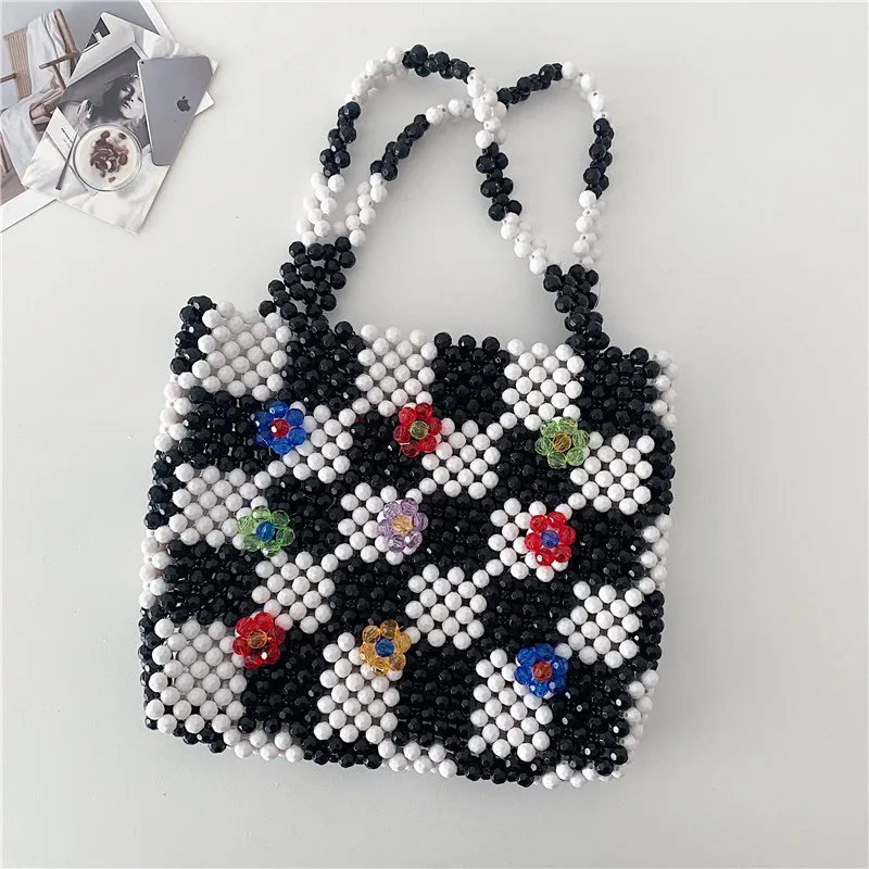 กระเป๋าถือลายสก็อตสีขาว Sli Bla สำหรับผู้หญิง ดีไซน์กระเป๋าถือขนาดเล็กประดับลูกปัด กระเป๋าถือฤดูร้อนแฟชั่นทันสมัย