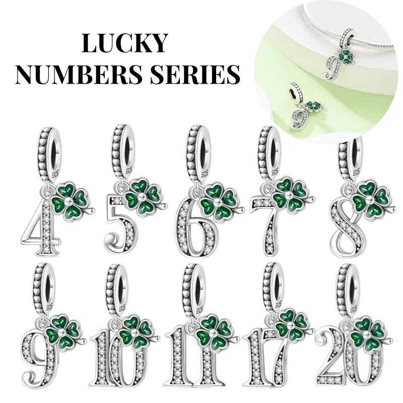 

Green Four-leaf Clover Number Dangle Charm Fits Original 925 Sterling Silver Bracelet Birthday & Anniversary Jewelry for Girl