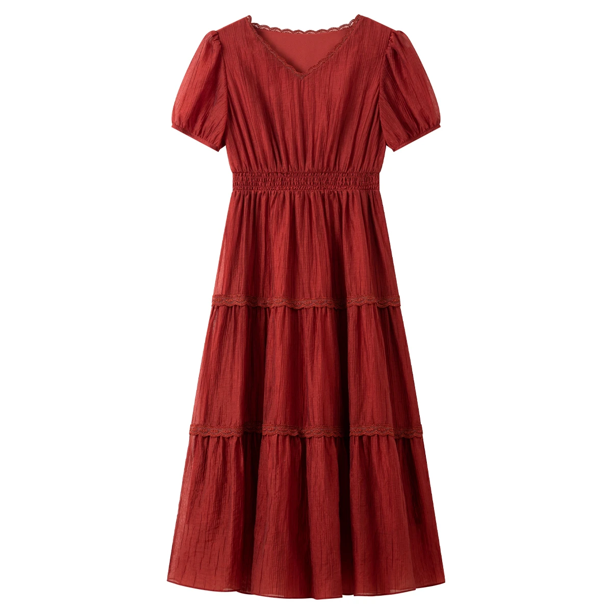 VIMLY Women Summer Midi Dresses Woman 2025 Elegant Ladies Lace V-neck Short Sleeve Smocked Waist Red Dress Robe Femmes A1625