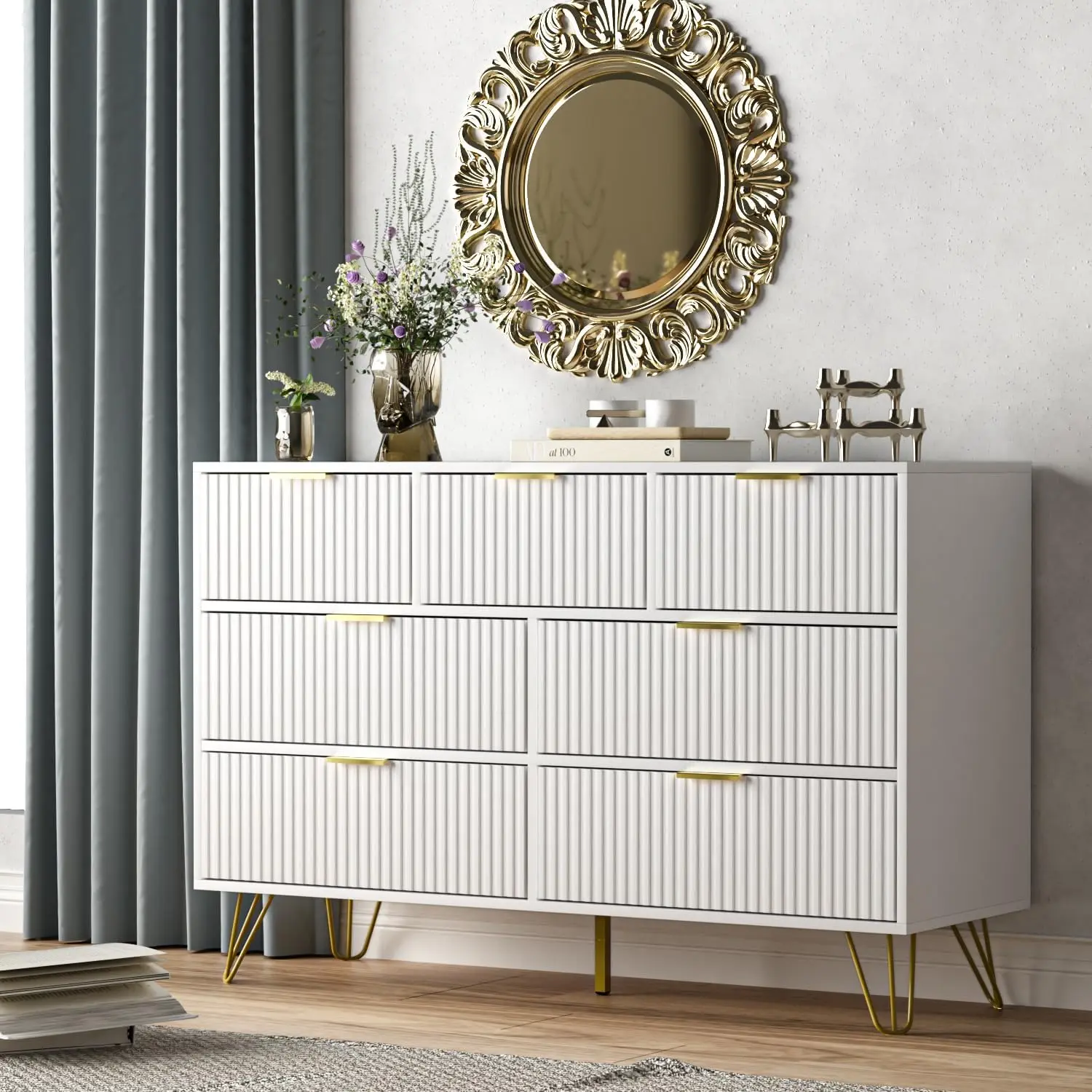 Dresser for Bedroom, White Bedroom Dresser with 7 Drawers, Modern Wide Dresser with Gold Pulls,White