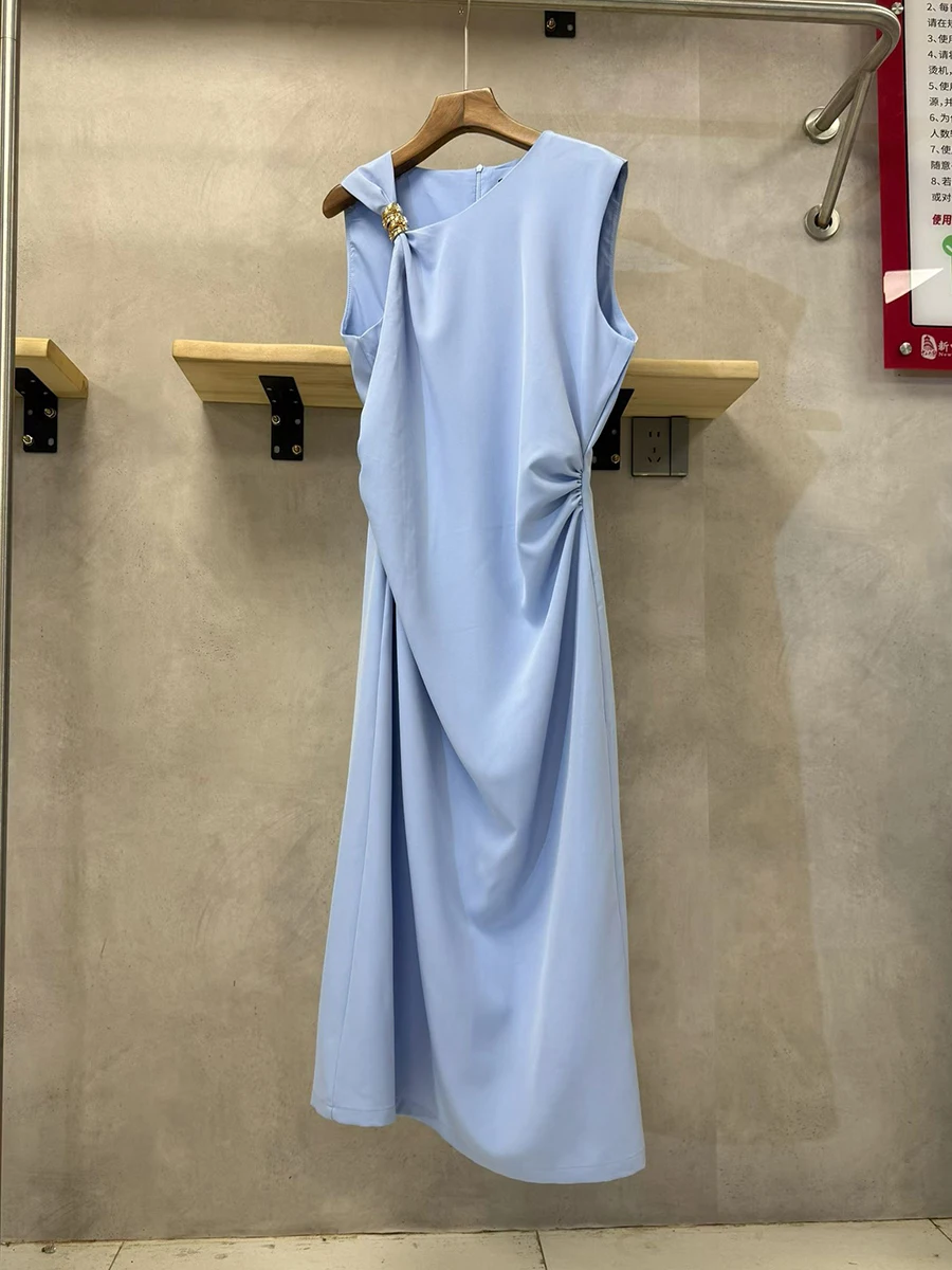 GALCAUR الصلبة تقسم طيات فستان أنيق الإناث س الرقبة أكمام التخسيس حزب مزاجه فساتين حريمي الصيف موضة جديدة