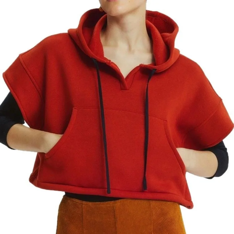 2025 Design Sense New Export Sports Style Hooded Short Sleeve Pocket Short Vest Sweatshirt Women