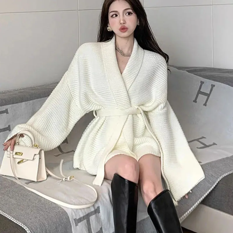 High-End Design Sweater Coat Ladies Autumn And Winter Soft Waxy Sweater Casual Tie Waist Cardigan Tie Solid Color V-Neck Sweater